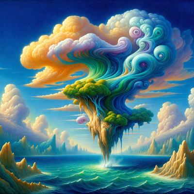 The primary subject of the image is a tree, which is the main object in the scene. The tree is situated in a blue ocean, surrounded by clouds and other elements. The visual style of the image is a combination of digital art and illustration, creating a vibrant and dynamic atmosphere. The colors in the image are predominantly blue and white, with the blue ocean and clouds adding a sense of depth and tranquility to the scene.